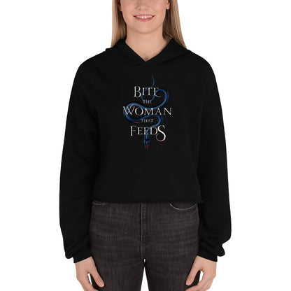 Bite The Woman That Feeds Crop Hoodie in Blue